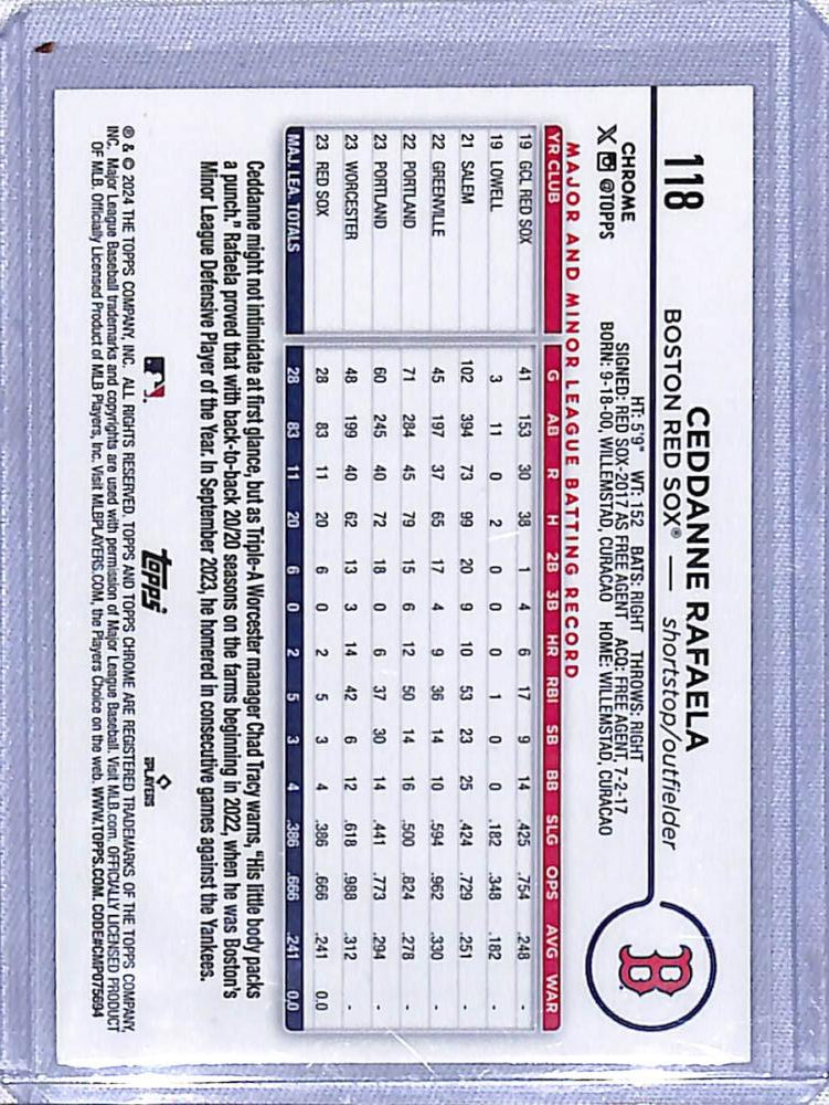 Baseball trading card displaying 2024 Topps Chrome Refractor Aqua Lava Red Sox stats