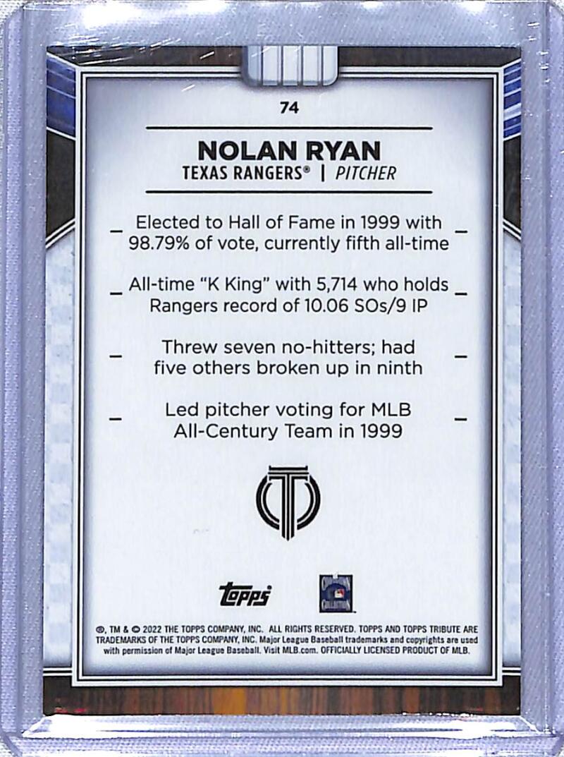 Nolan Ryan Texas Rangers Topps Tribute baseball card showcasing career statistics and achievements