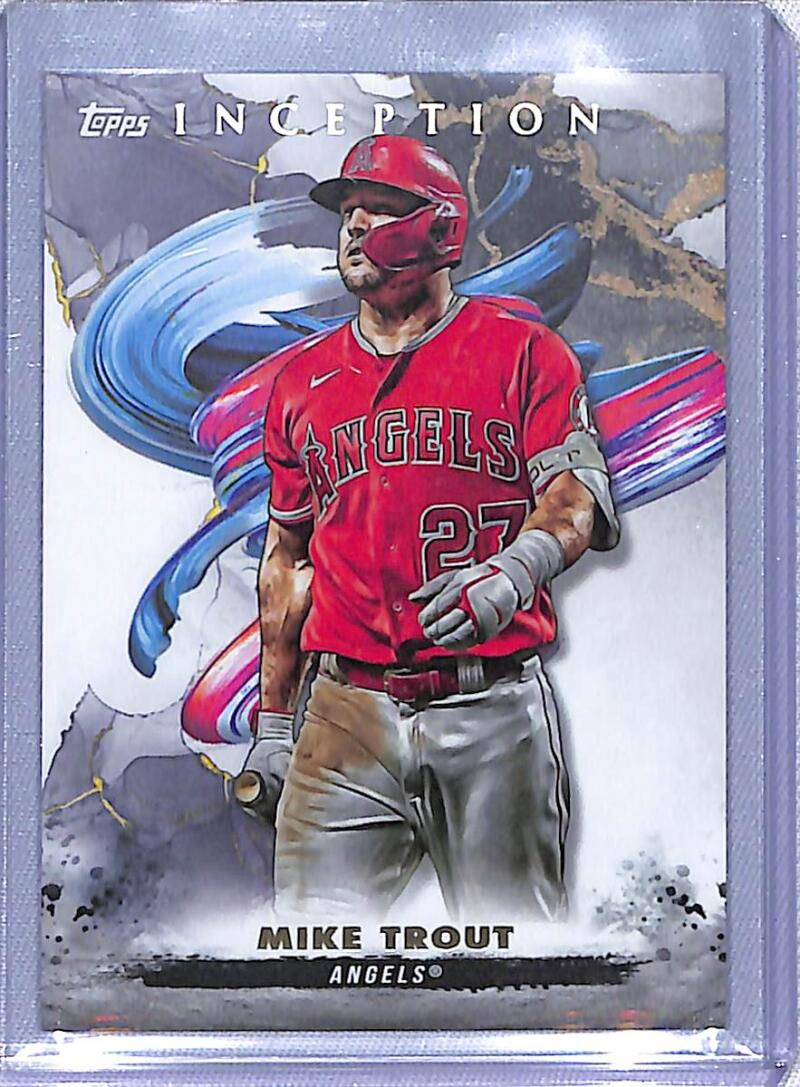 Baseball card of Mike Trout in red Los Angeles Angels jersey number 27