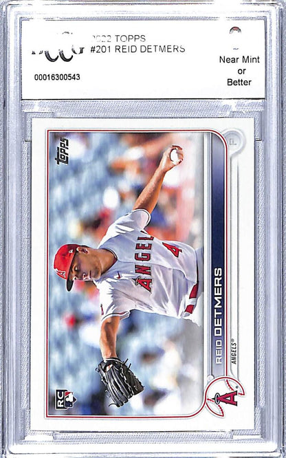 Reid Detmers Los Angeles Angels baseball card in a protective case mid-throwing motion