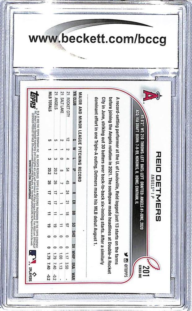 Back of 2022 Topps Reid Detmers baseball card showing statistics for Los Angeles player