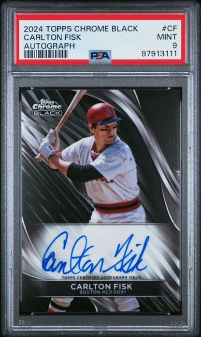 PSA-graded 2024 Topps Chrome Black Carlton Fisk autograph baseball card from Red Sox