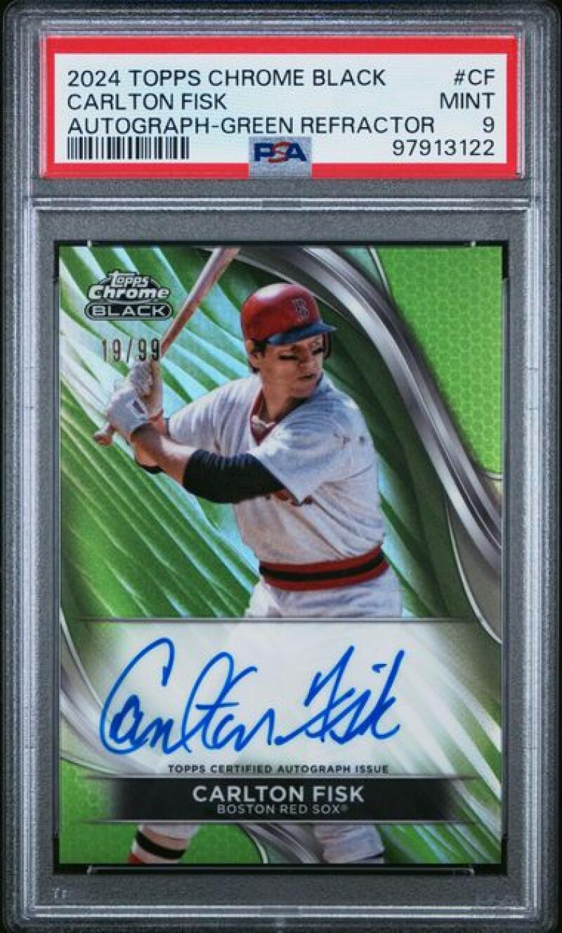 PSA 9 Mint Carlton Fisk Autographed Green Refractor Parallel Baseball Card Red Sox 19/99