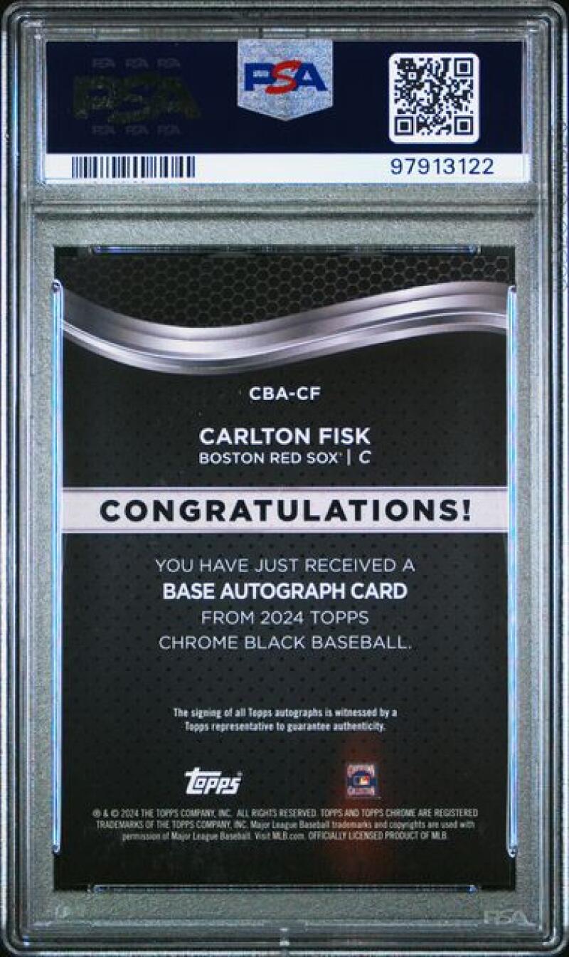 Back side of PSA-graded Topps Chrome Black card showcasing Carlton Fisk certification details