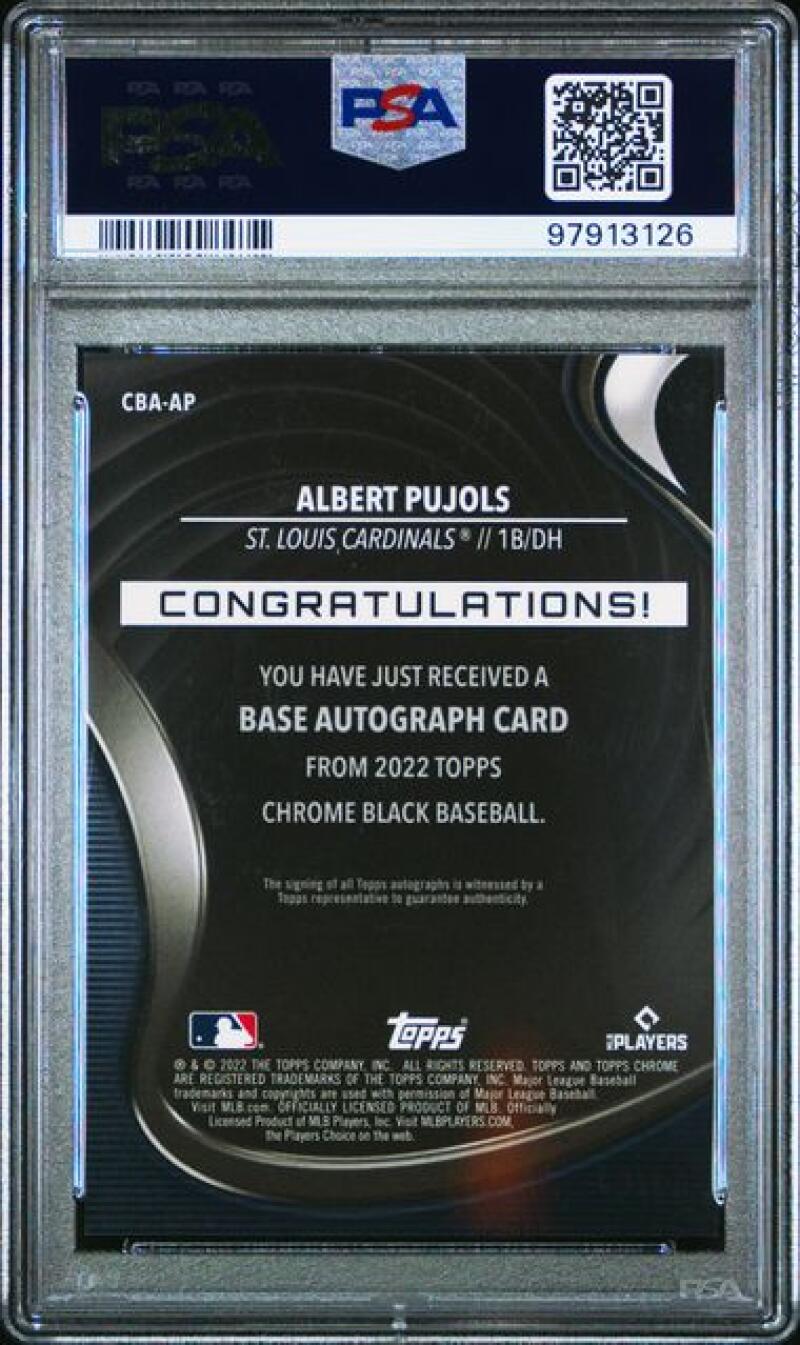 PSA-graded Topps Chrome Black Albert Pujols card back with certification and congratulatory text