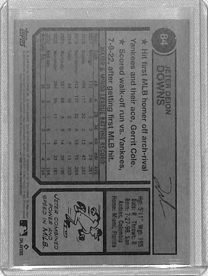 Baseball trading card of Jeter Downs featuring statistics and cartoon figure for Boston Red Sox