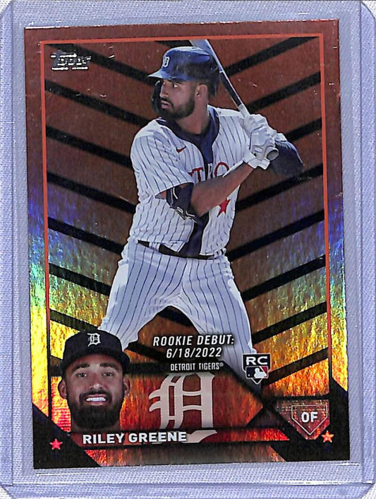 Baseball trading card of Riley Greene in pinstripes from 2023 Topps Update Black US298