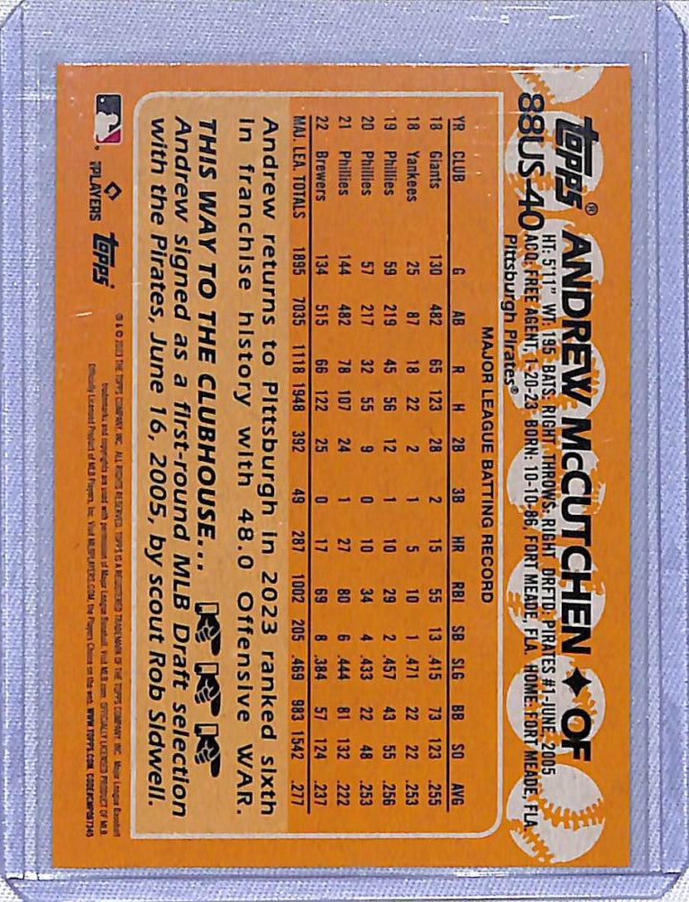 Baseball card of Andrew McCutchen featuring stats on an orange background from Topps Update