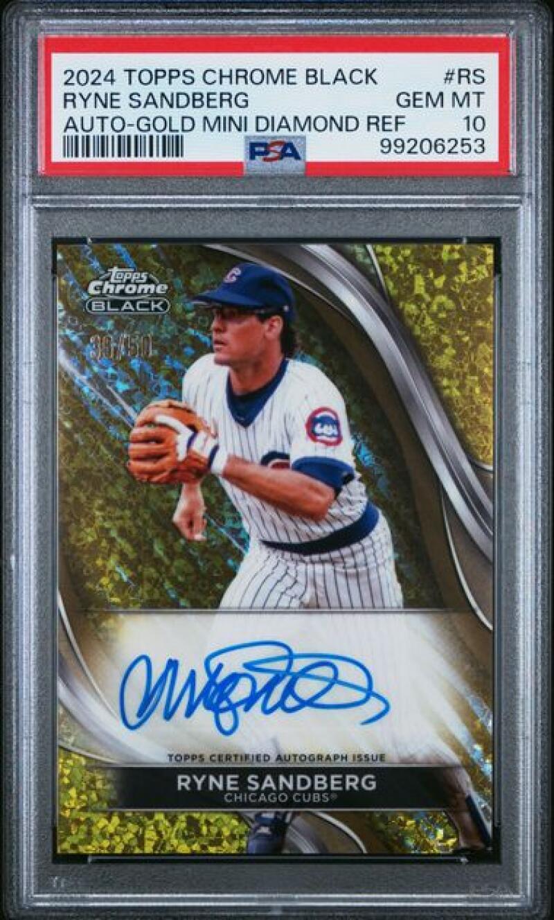 PSA 10 Ryne Sandberg Topps Chrome Black Refractor on gold background autographed card