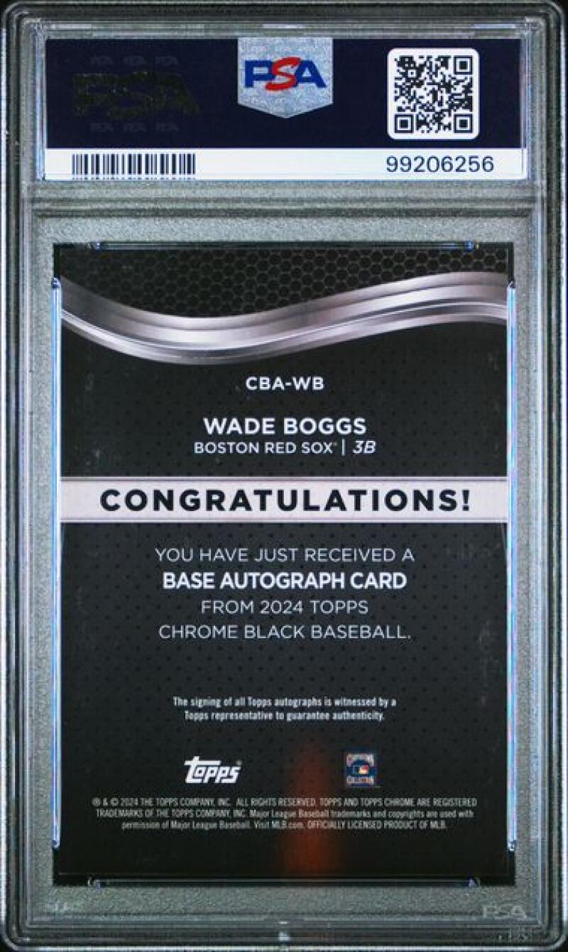 Back side of Wade Boggs PSA 7 NM auto Topps Chrome Black card for Boston Red Sox