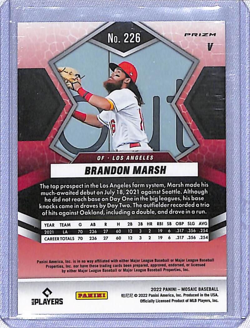 Baseball trading card of Brandon Marsh in Los Angeles Angels uniform Panini Mosaic Prizm