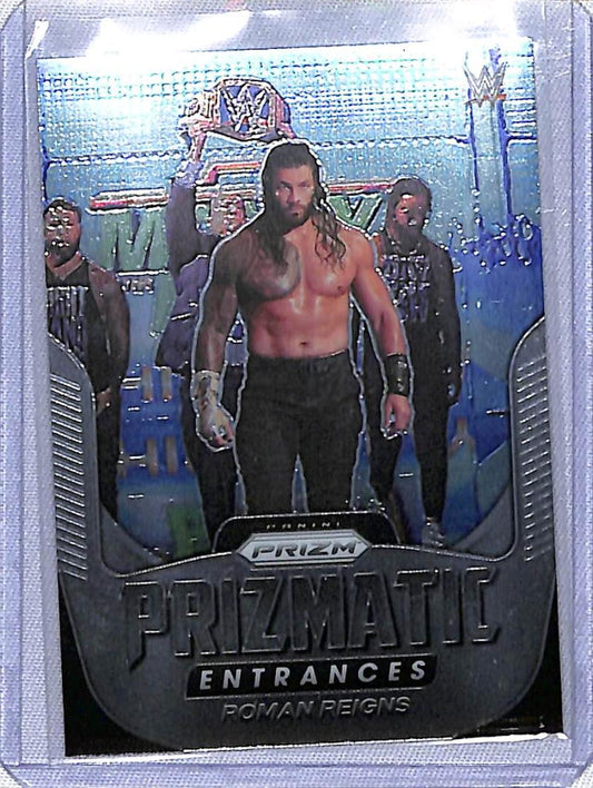 Chrome basketball trading card of Roman Reigns from 2022 Panini Prizm WWE Prizmatic