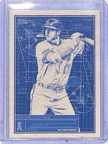 Blueprint-style Baseball card of Shohei Ohtani in Angels uniform from Topps Series SB-3