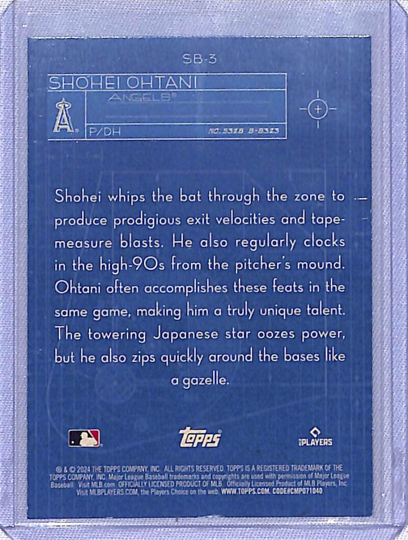 Back of 2024 Topps Series One SB-3 Shohei Ohtani card detailing player skills