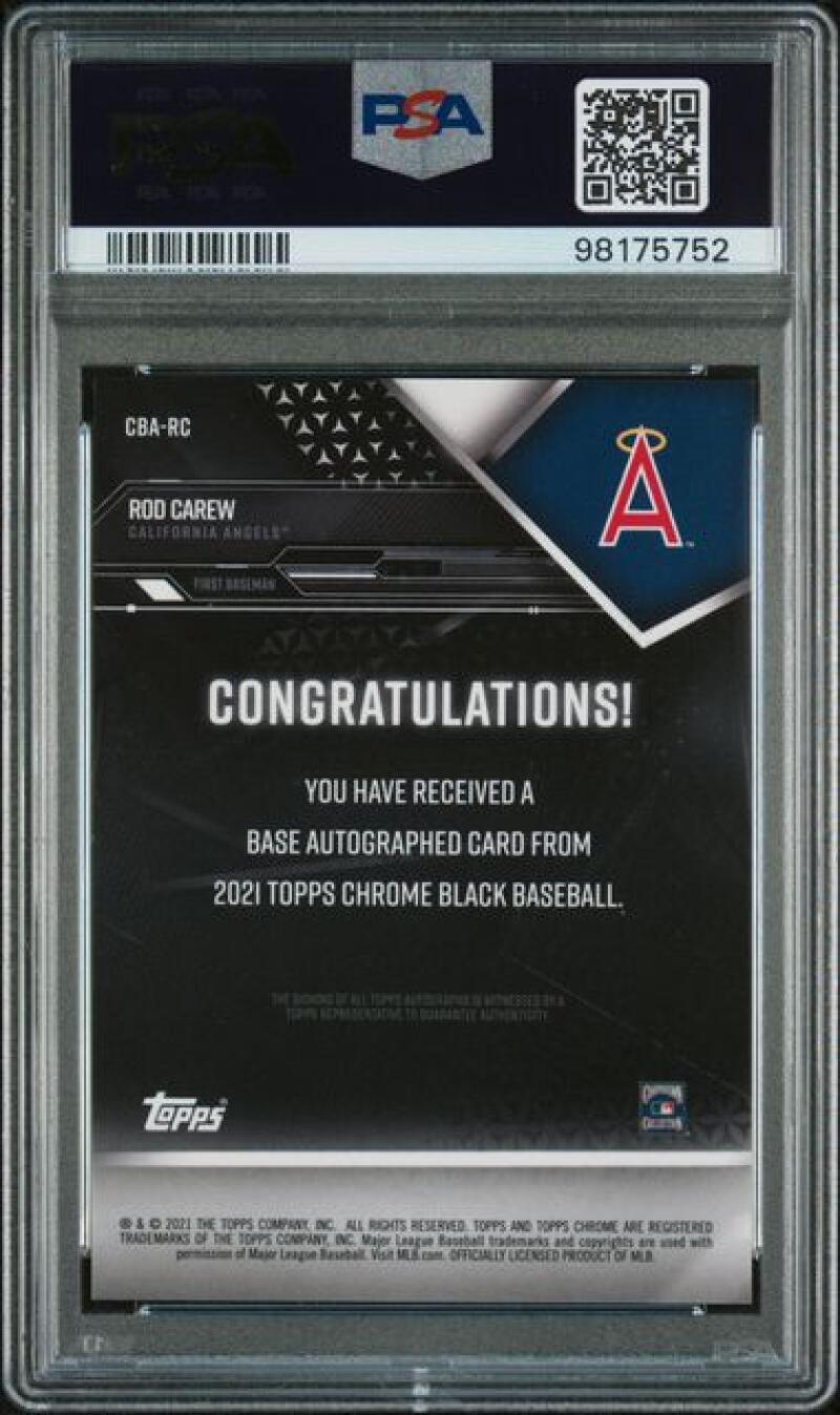 Back side of Rod Carew 2021 Topps Chrome Black Refractor baseball card with congratulatory text