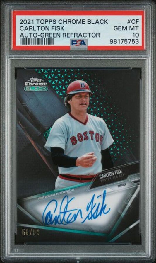 PSA-graded 2021 Topps Chrome Black Refractor Green Carlton Fisk auto Boston Red Sox card