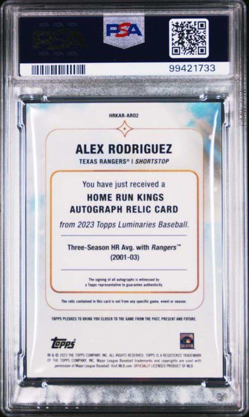 Back view of 2023 Topps Luminaries Alex Rodriguez Texas Rangers baseball card PSA 8