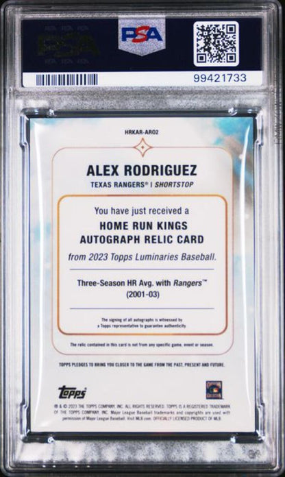 Back view of 2023 Topps Luminaries Alex Rodriguez Texas Rangers baseball card PSA 8