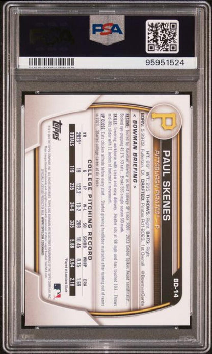 PSA-graded back view of 2023 Bowman Draft Paul Skenes Baseball Card for Pittsburgh Pirates