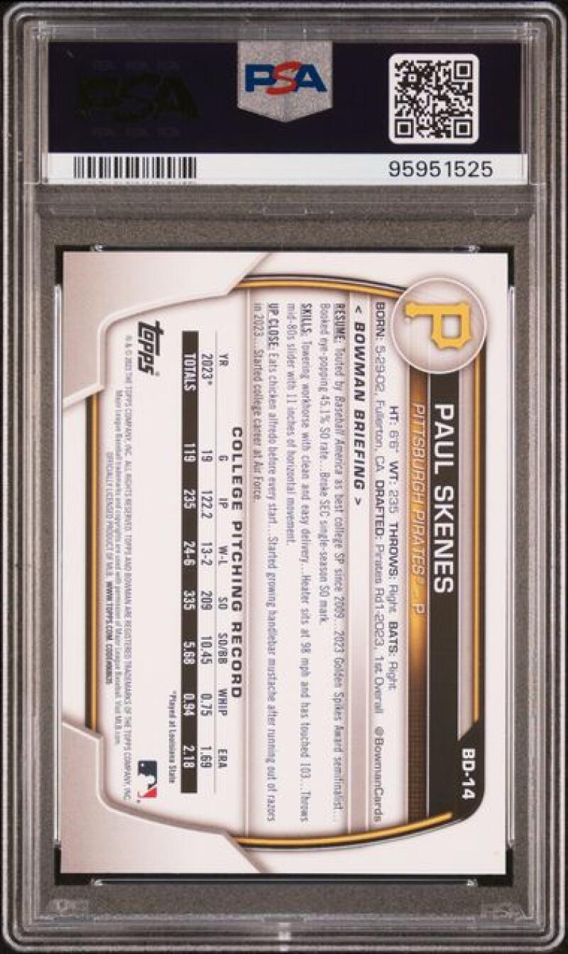 PSA-graded 2023 Bowman Draft Paul Skenes GEM MINT baseball card for Pittsburgh Pirates