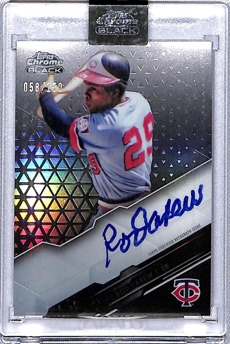 Signed 2020 Topps Chrome Black Rod Carew baseball card with holographic pattern