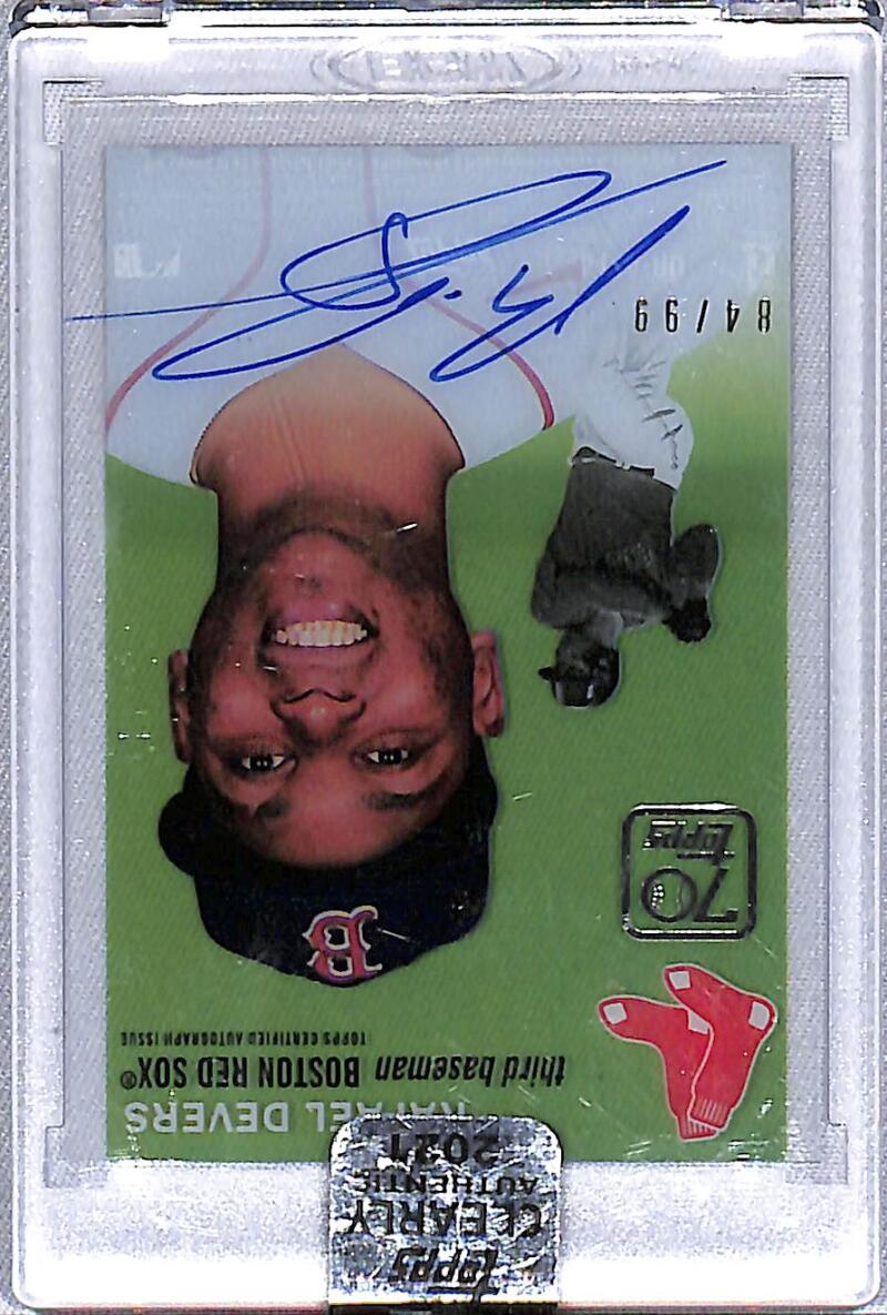 Signed Rafael Devers trading card in a protective case for Boston Red Sox collectors