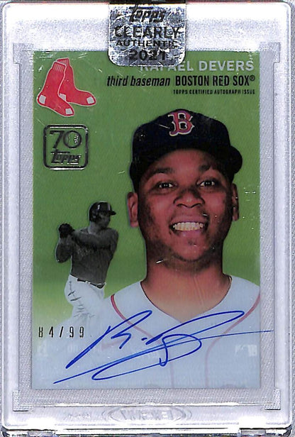 Signed Rafael Devers trading card in a protective case for Boston Red Sox collectors