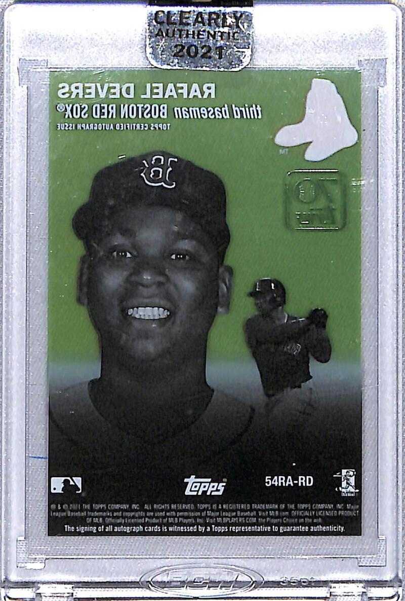 Baseball trading card of Rafael Devers in protective case on green background