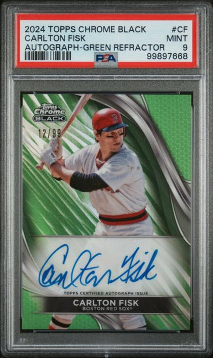 2024 Topps Chrome Black Refractor Green #CBA-CF Carlton Fisk PSA 9 MINT Auto 12/99 Boston Red Sox Baseball Card Image 1