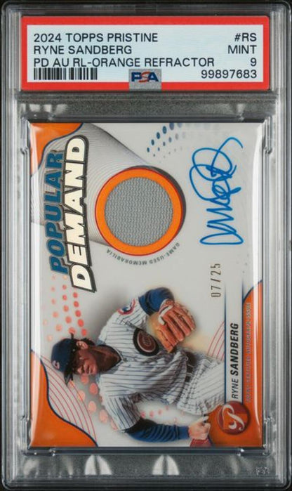 2024 Topps Pristine Popular Demand Orange #RS Ryne Sandberg PSA 9 MINT MEM Auto 7/25 Chicago Cubs Baseball Card  Image 1