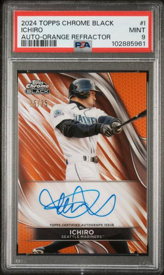 2024 Topps Chrome Black Refractor Orange #CBA-I Ichiro PSA 9 MINT Auto 25/25 Seattle Mariners Baseball Card Image 1