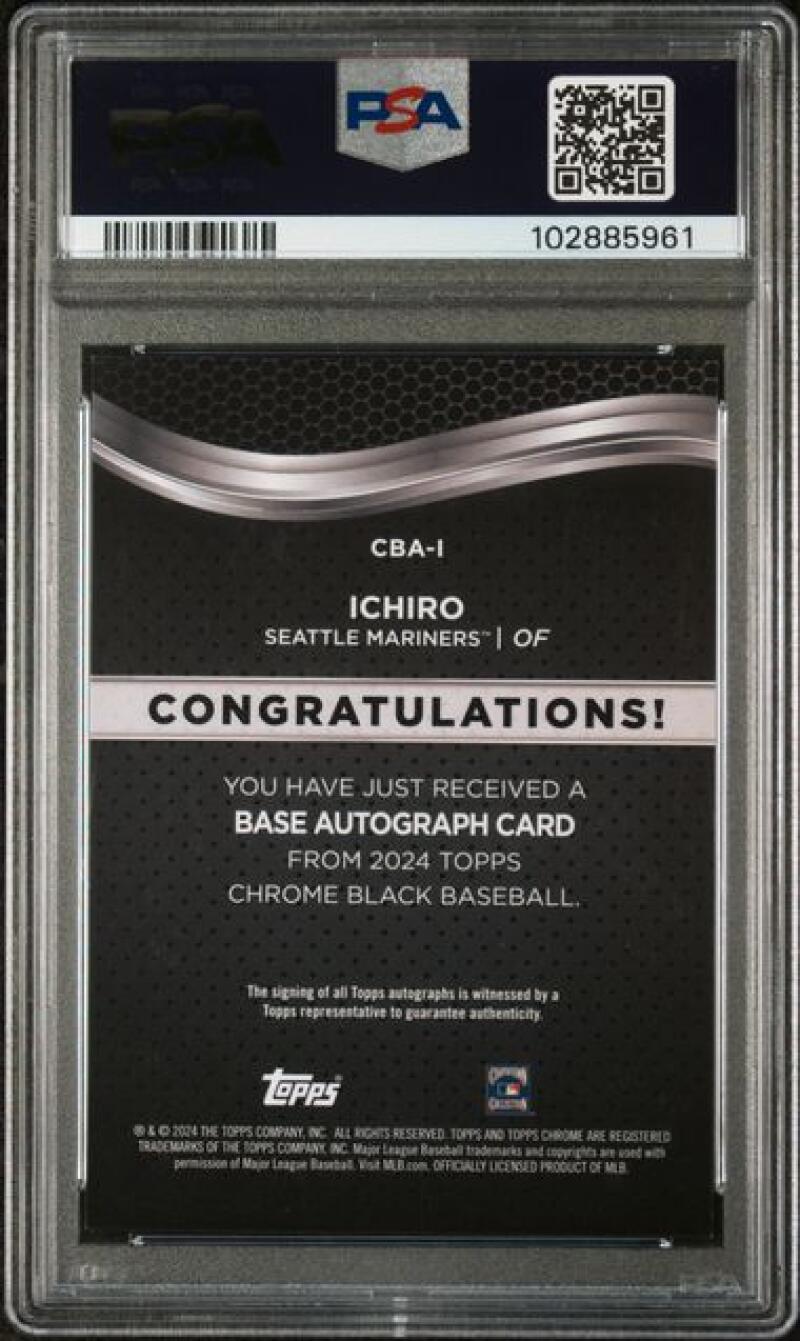 2024 Topps Chrome Black Refractor Orange #CBA-I Ichiro PSA 9 MINT Auto 25/25 Seattle Mariners Baseball Card Image 2