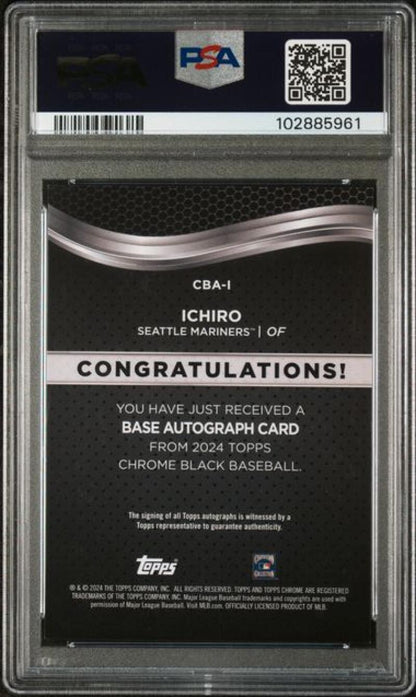 2024 Topps Chrome Black Refractor Orange #CBA-I Ichiro PSA 9 MINT Auto 25/25 Seattle Mariners Baseball Card Image 2