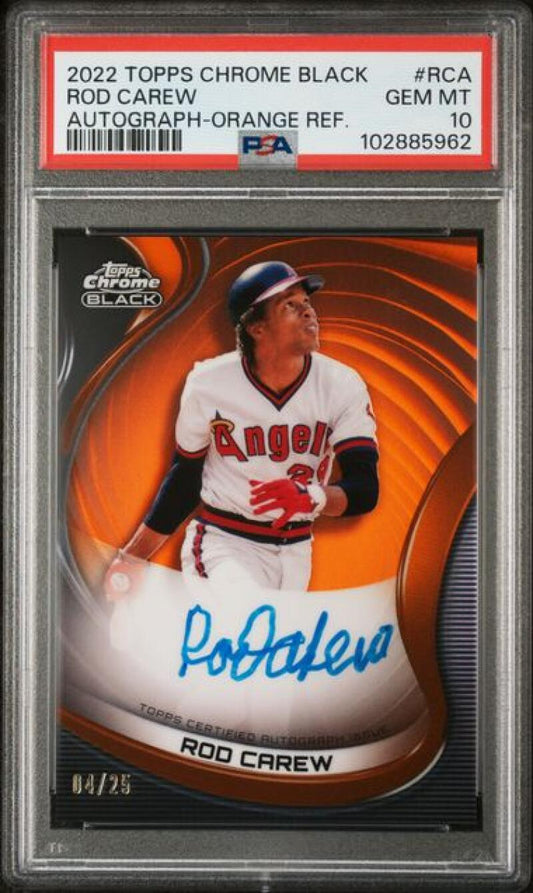 2022 Topps Chrome Black Refractor Orange #CBA-RCA Rod Carew PSA 10 GEM MINT Auto 4/25 California Angels Baseball Card Image 1