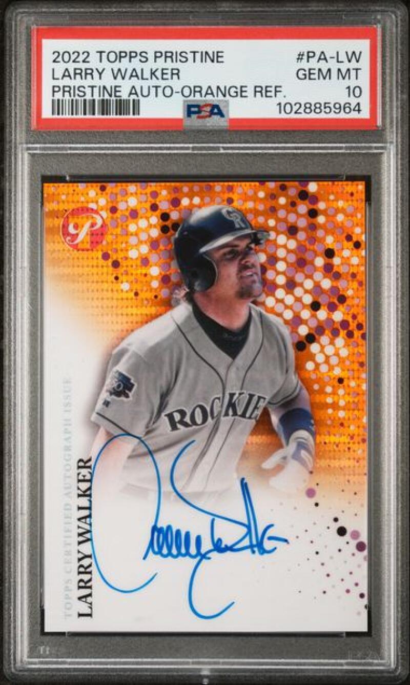 2022 Topps Pristine Refractor Orange #PA-LW Larry Walker PSA 10 GEM MINT Auto 24/25 Colorado Rockies Baseball Card Image 1