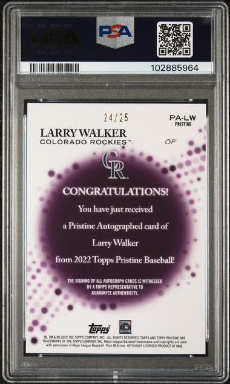 2022 Topps Pristine Refractor Orange #PA-LW Larry Walker PSA 10 GEM MINT Auto 24/25 Colorado Rockies Baseball Card Image 2