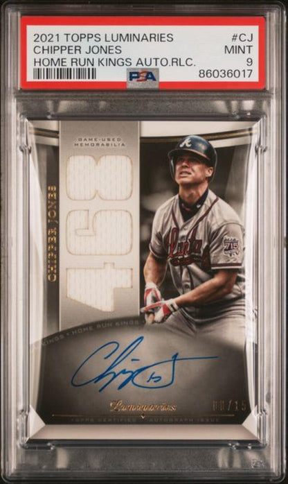 2021 Topps Luminaries Hit Kings Relics #HKAR-CJ Chipper Jones PSA 9 MINT MEM Auto 8/15 Atlanta Braves Baseball Card Image 1