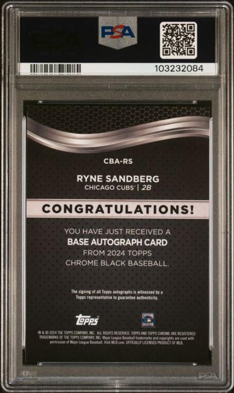 2024 Topps Chrome Black #CBA-RS Ryne Sandberg PSA 10 GEM MINT Auto Chicago Cubs Baseball Card Image 2