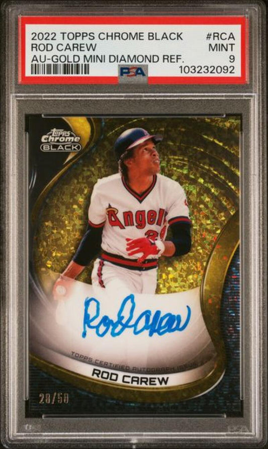 2022 Topps Chrome Black Refractor Gold Mini-Diamond #CBA-RCA Rod Carew PSA 9 MINT Auto 28/50 California Angels Baseball Card Image 1