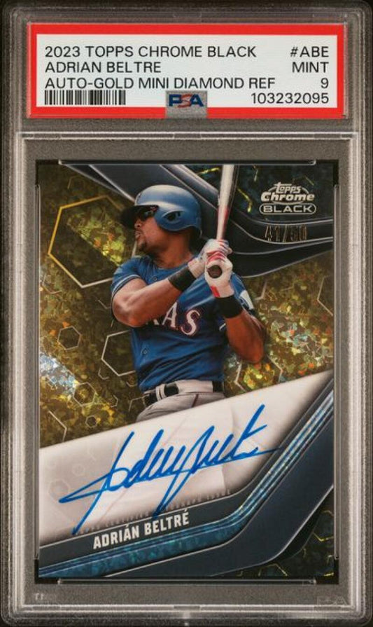 2023 Topps Chrome Black Refractor Gold Mini-Diamond #CBA-ABE Adrian Beltre PSA 9 MINT Auto 41/50 Texas Rangers Baseball Card Image 1