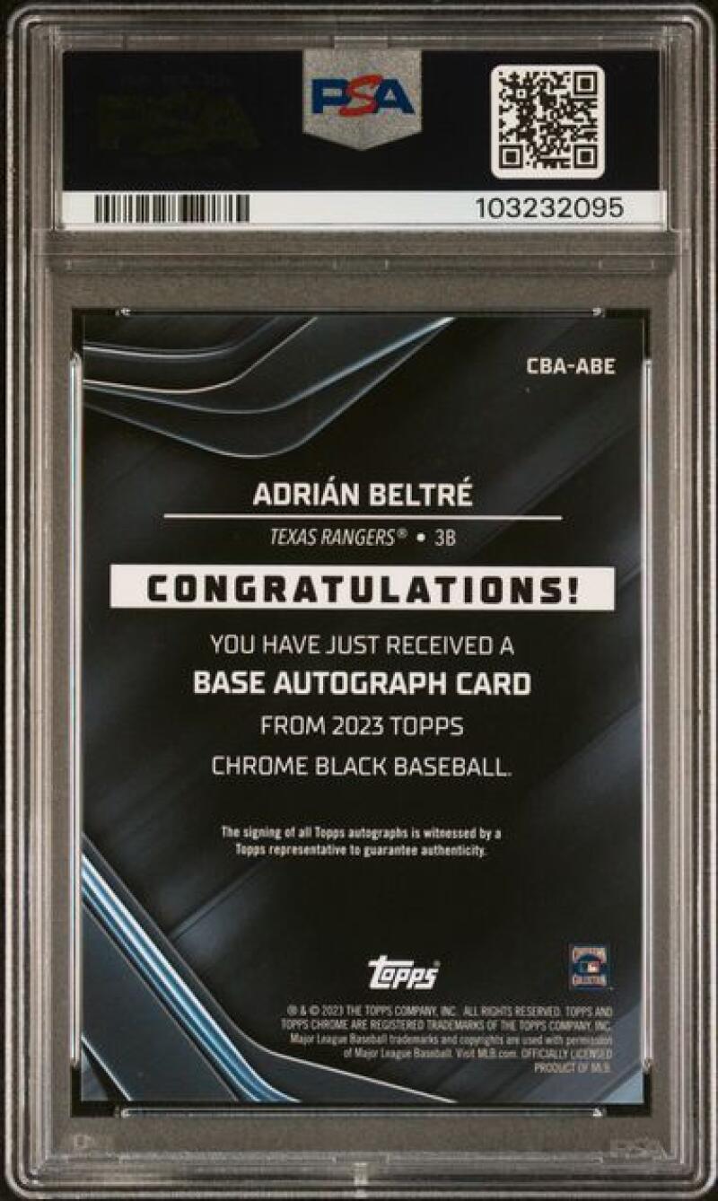 2023 Topps Chrome Black Refractor Gold Mini-Diamond #CBA-ABE Adrian Beltre PSA 9 MINT Auto 41/50 Texas Rangers Baseball Card Image 2