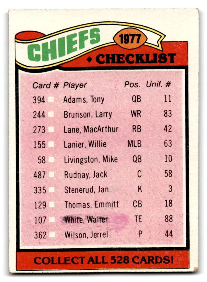 1977 Topps #212 Kansas City Chiefs CL VG Very Good Chiefs