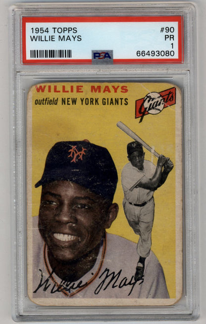 Willie Mays 1954 Topps #90 baseball card in PSA grading case for trading cards collectors