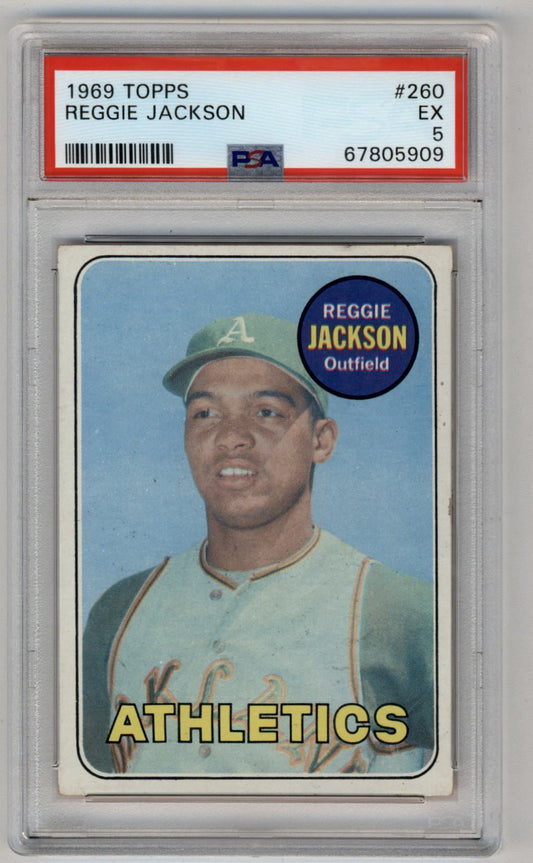 PSA-graded 1969 Topps Reggie Jackson baseball card in protective case for collectors