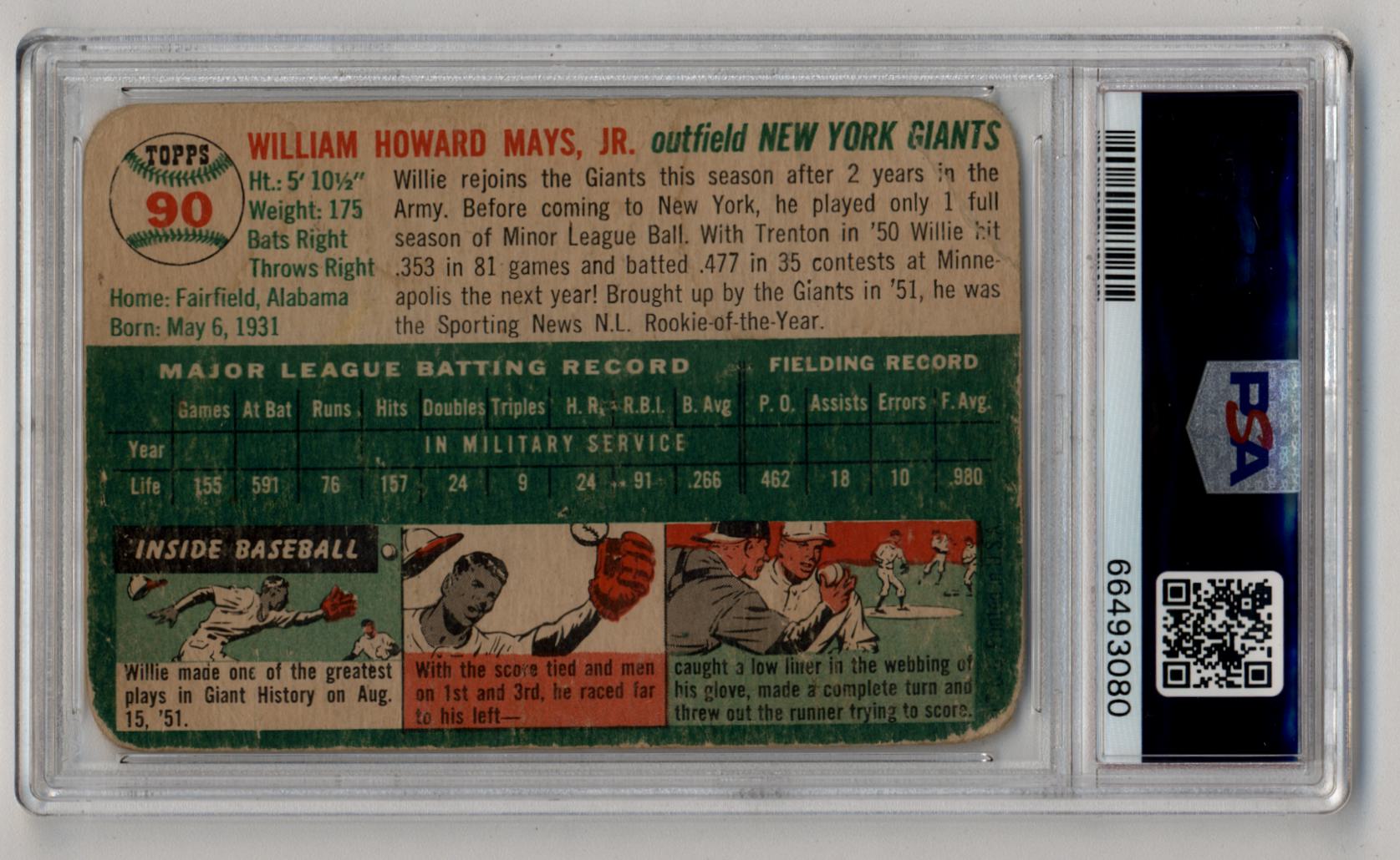 Vintage 1954 Topps baseball card #90 of Willie Mays with statistics and illustrations