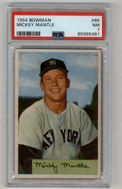 Mickey Mantle 1954 Bowman #65 PSA 7 Near Mint baseball card featuring Yankees player