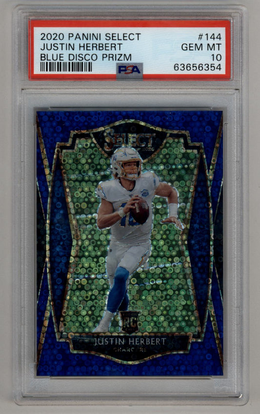 PSA-graded Justin Herbert 2020 Select Blue Disco #144 football card in protective case