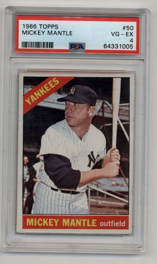 Mickey Mantle 1966 Topps baseball card PSA 4, a good excellent trading card in pinstripes