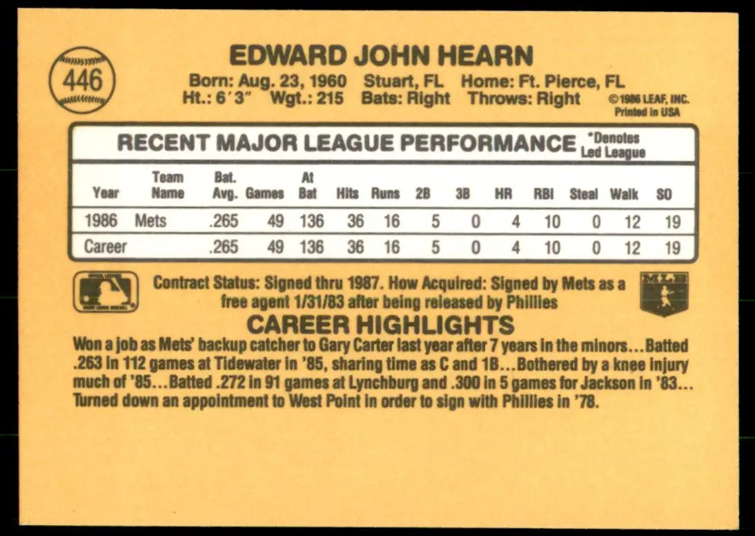 1987 Donruss Ed Hearn Rookie New York Mets #446