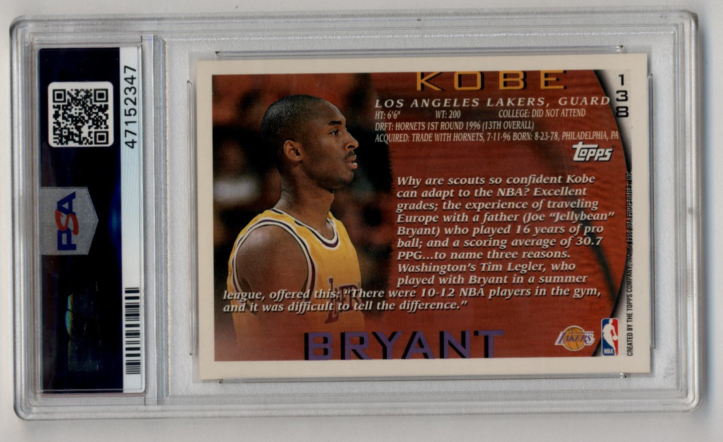 Kobe Bryant 1996-97 Topps Rookie card in protective case with barcode label